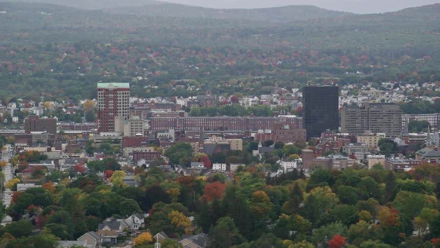 Aerial view of buildings in a city with brown green and red trees during fall