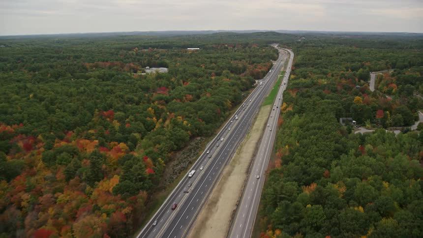 Aerial view of cars driving on highways through a forest