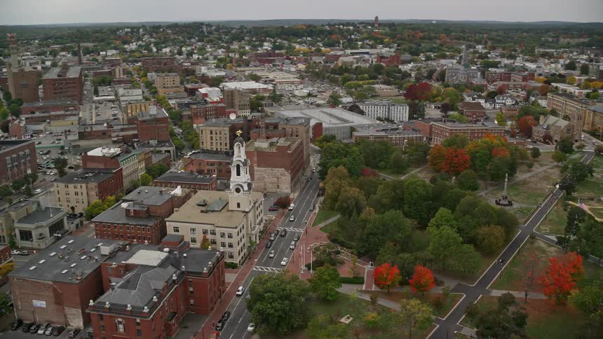 Aerial view of an urban city with a central square