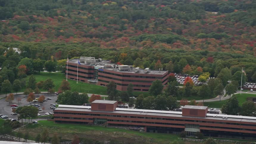 A commercial building in the middle of a large forest of trees