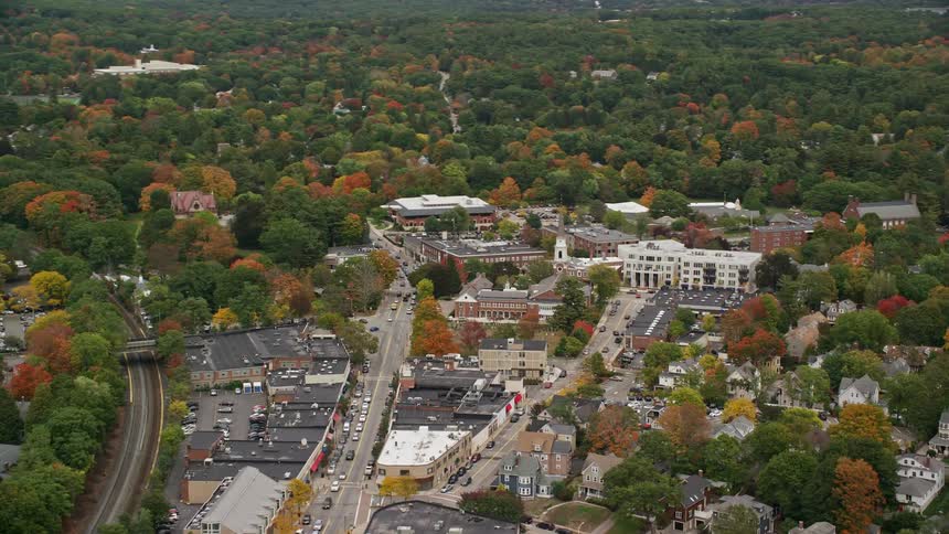Aerial view of an urban city surrounded by green areas