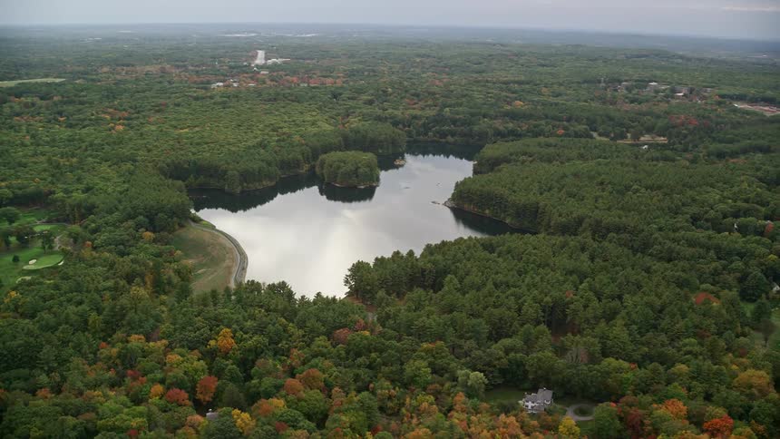 Aerial view of a central lake amidst a forest