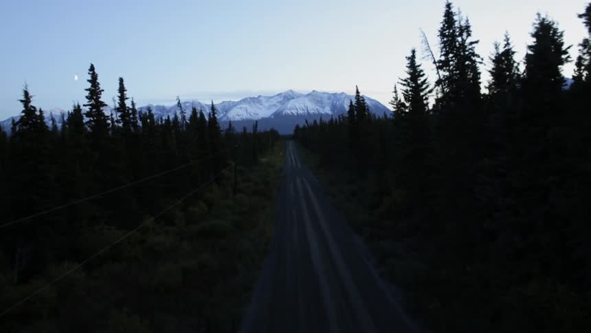 Trail through the forest with mountains in the background