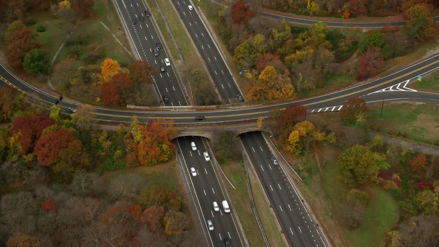 Skyline of a busy highway bridge in rural area