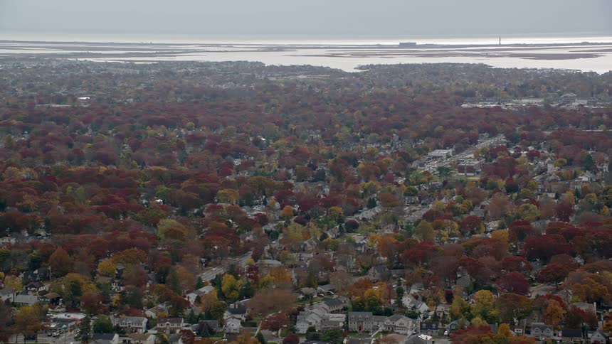 A residential neighborhood is filled with trees and houses