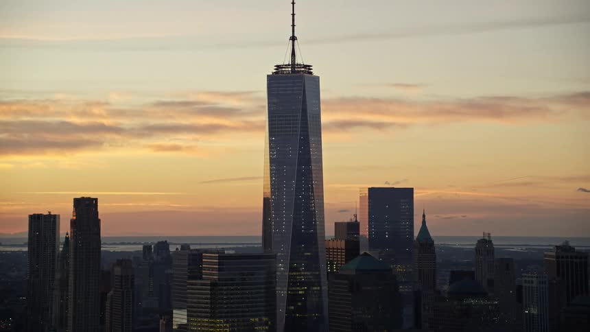 Aerial view of one world trade center at sunset