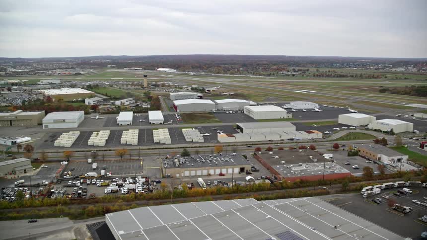 Airport bay with warehouses in a rural town