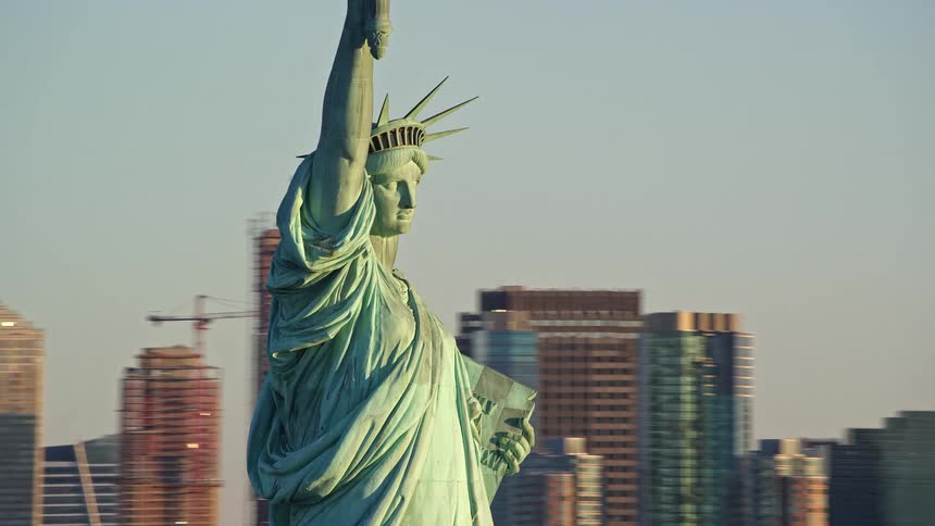 Aerial view of the statue of liberty and the new york skyline