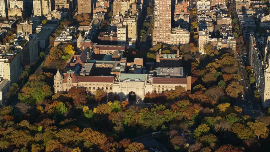 A large building in front of a forest of trees in the middle of the city