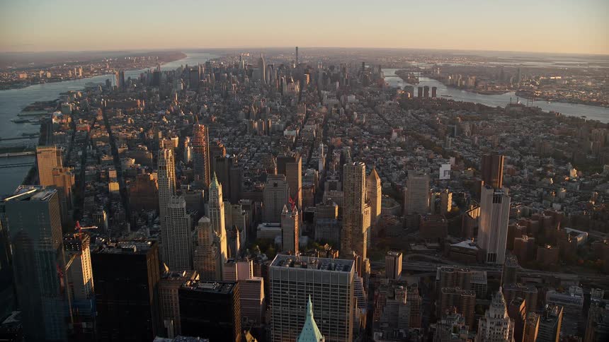 The center of a city with huge buildings on a sunny morning