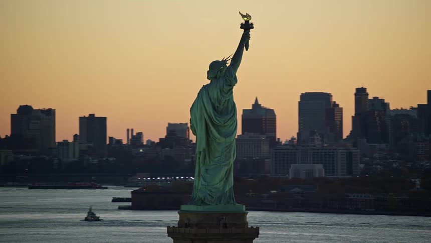 Aerial view of the statue of liberty and the new york skyline