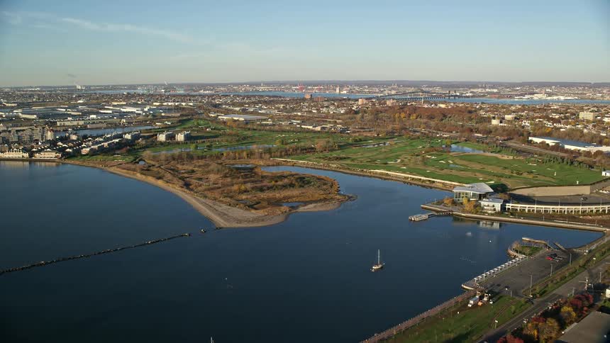 Aerial of island city during sunny day