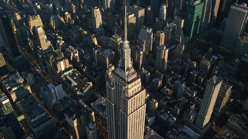 Aerial of skyscrapers in new york city at midday