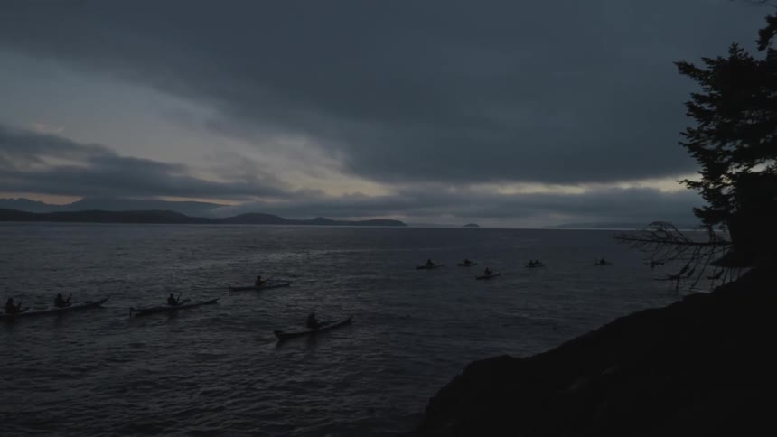 A bunch of Kayaks are passing by the shore