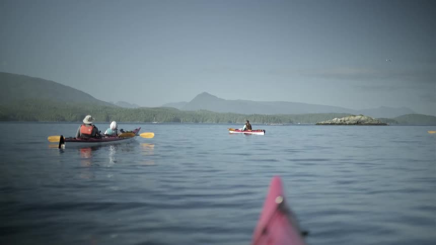 View of people inside kayaks stopped in the middle of the sea