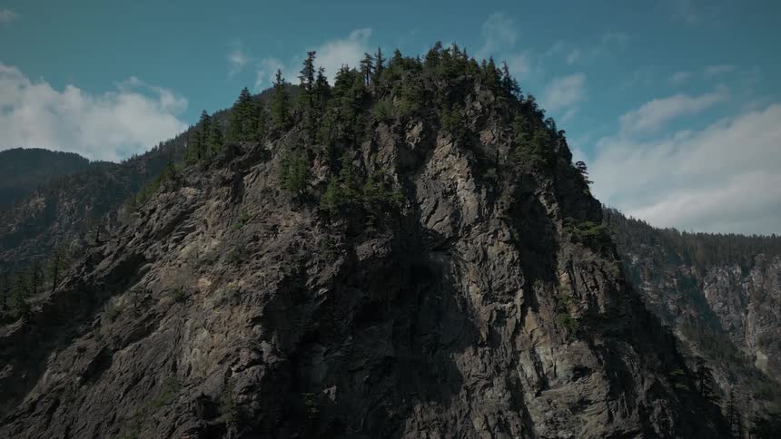 Trees line the top of a mountain with forested mountains in the distance