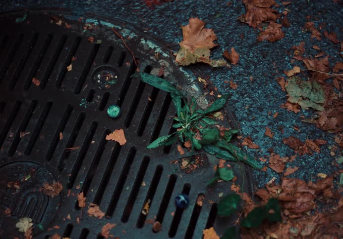 A marble falling on top of a manhole cover and several dry leaves on the side