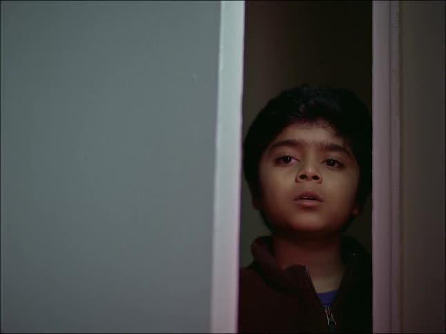 A small boy is looking through a door that is half open