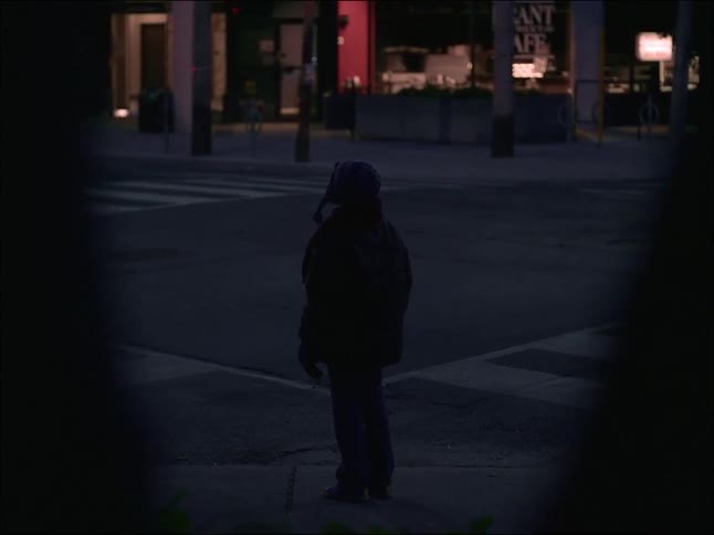 View of a person standing on a sidewalk facing the street at night