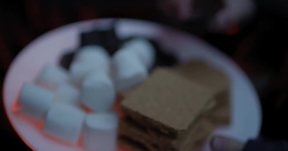 A plate has all the ingredients for s'mores on it