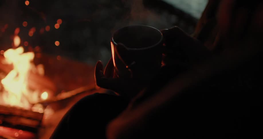 People sitting by a campfire at night