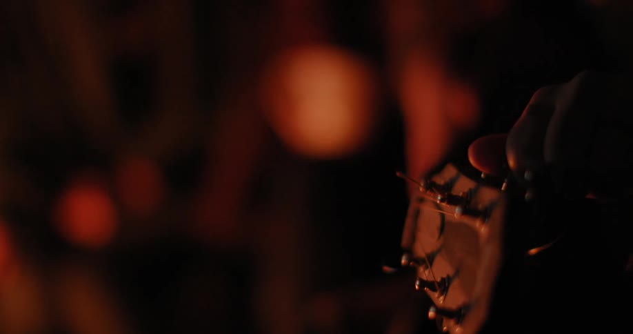 Close up of a guitar in the firelight