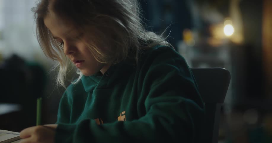 Blonde girl wearing a green hoodie writes down in notebook