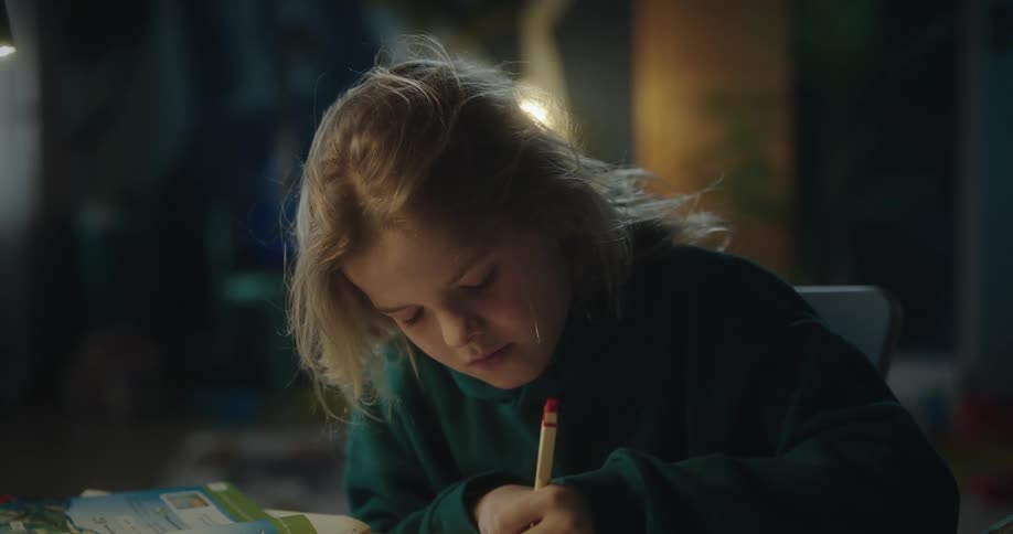 Portrait of a young teenager writing at a table