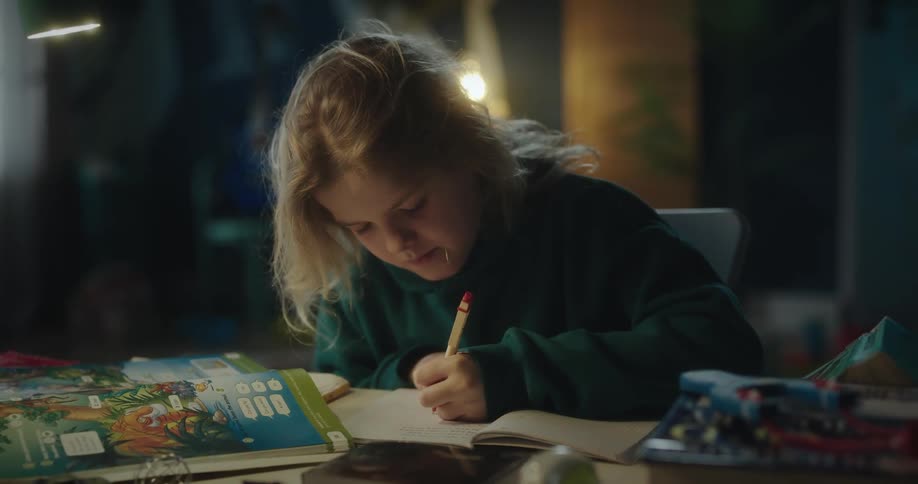 A female child writing on a book with a pencil indoor