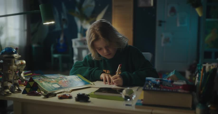 Blonde child works on homework while sitting at desk