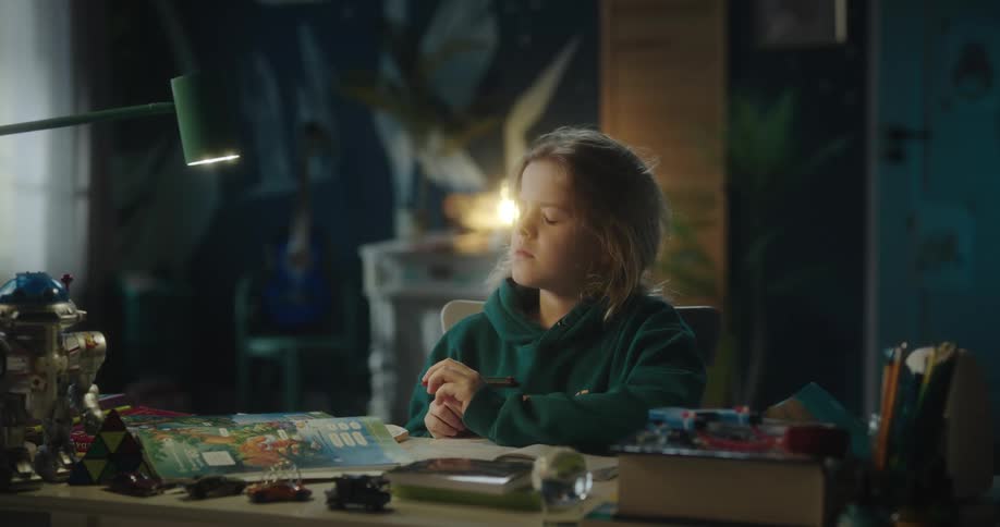 A boy doing schoolwork at a table