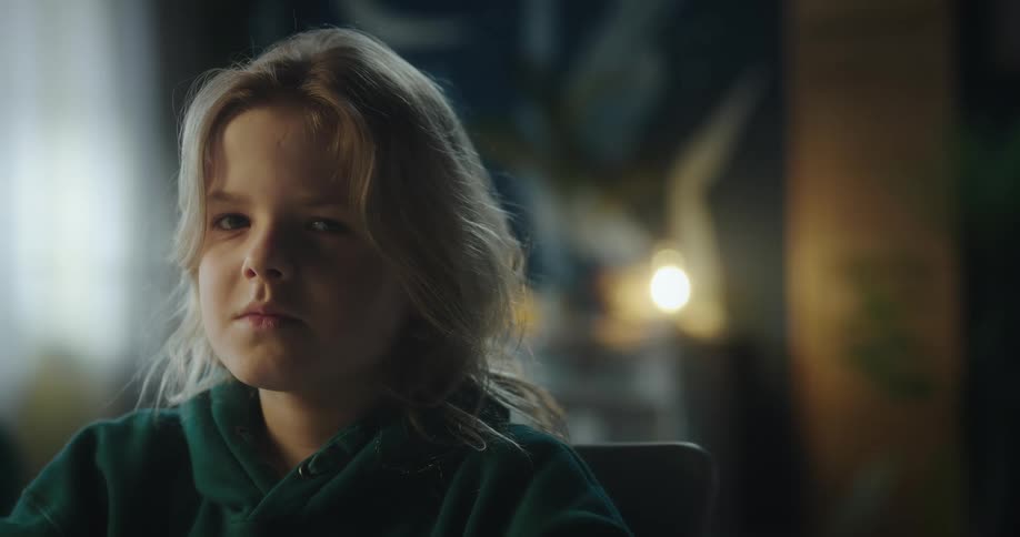A blonde girl with a green hoodie sits in a chair turning her gaze