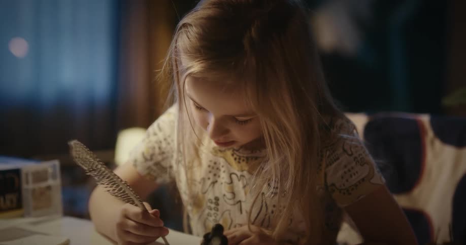 A girl paints by dipping a feather in a paint bottle