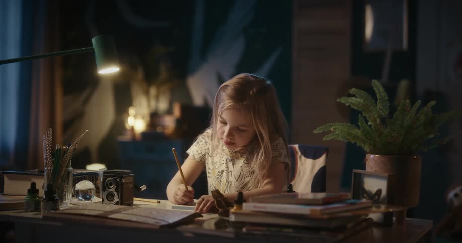A little girl is sitting at a desk writing on paper