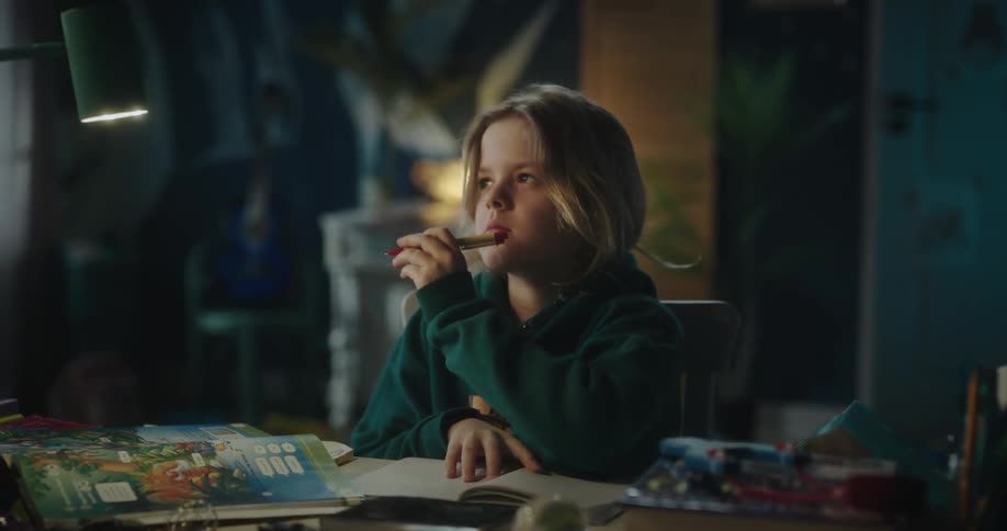 Portrait of a girl writing and then looking up thoughtfully