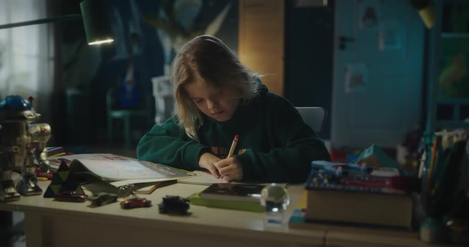 Child studying at a desk and writing with assorted toys and school supplies in a room