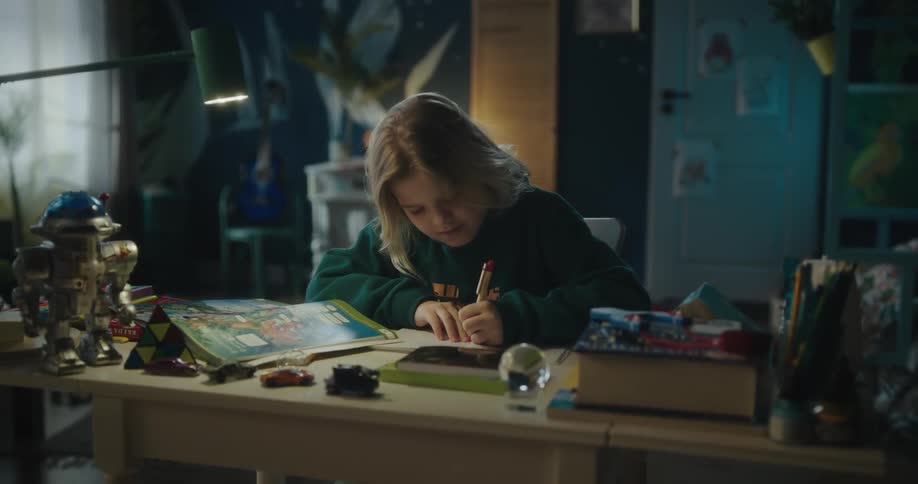 Blonde girl wearing a green hoodie sits at desk writing in a notebook