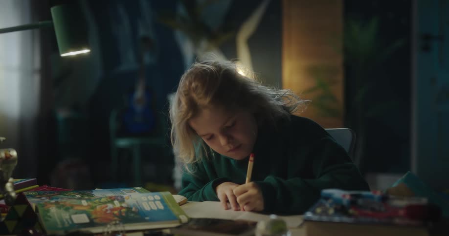 Blonde girl with a green hoodie sits at desk thinking and writing in notebook in her room