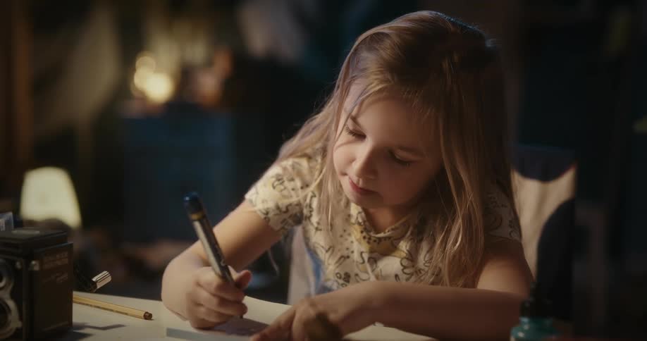 Young girl writing at a table in a warmly lit cozy indoor setting
