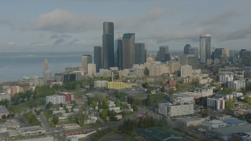 The taller buildings in this city are near the water