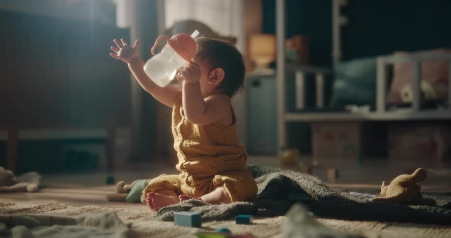 A baby sitting on the floor laughs and plays while drinking from a water bottle