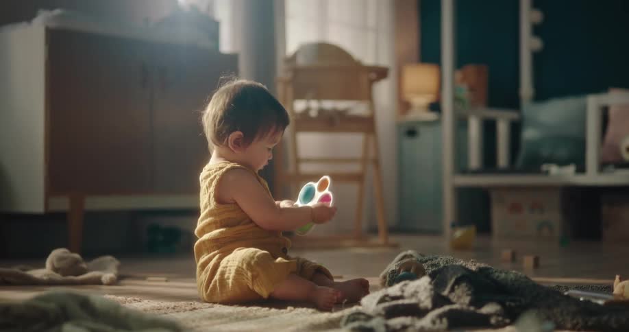 A little baby is playing sitting down and then starts to crawl