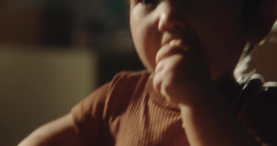Toddler eats crumbs from a baby feeding chair