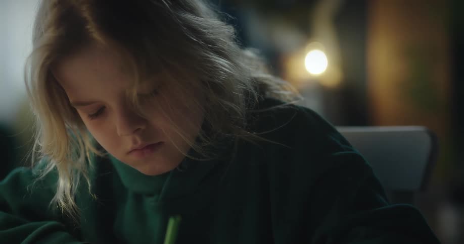 Blonde girl writing with a pencil looks up and smiles