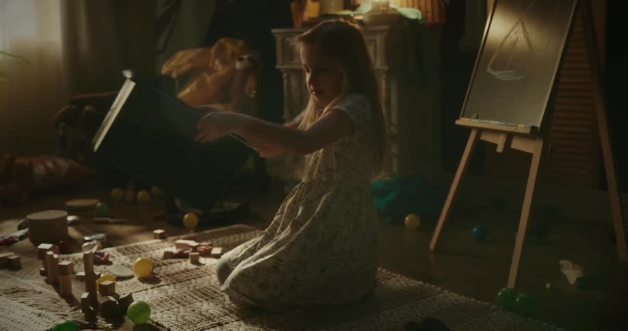 A young blonde girl puts a group of toys in a large green bin