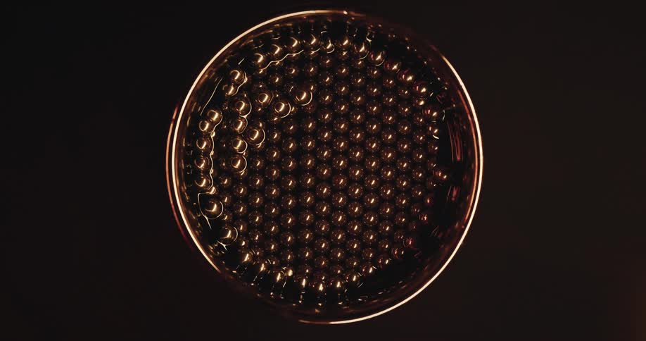 Spherical beads in liquid in round container on black background