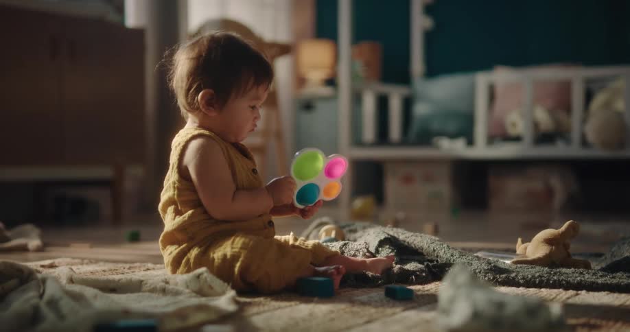 A toddler sits on the floor and plays with a colorful toy