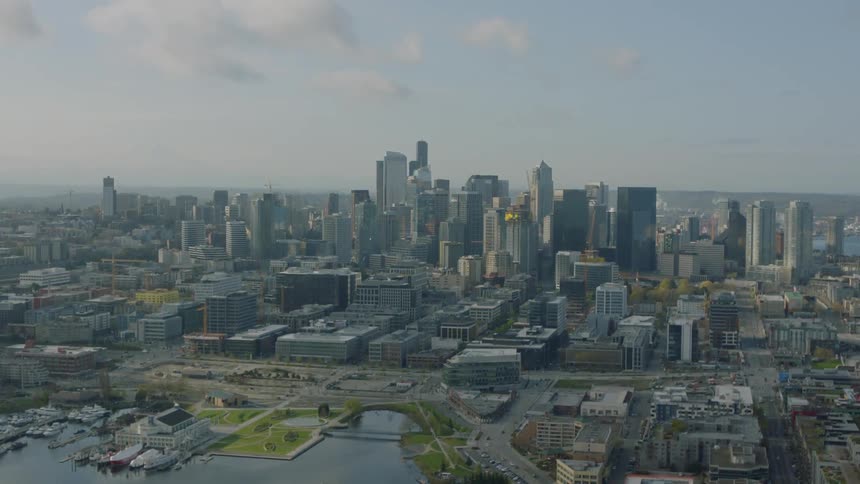 A large city with many tall buildings and a body of water with docks on a cloudy day