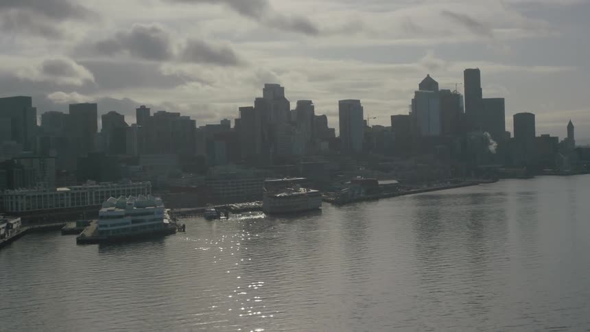 A city skyline and docks in the water on a cloudy day