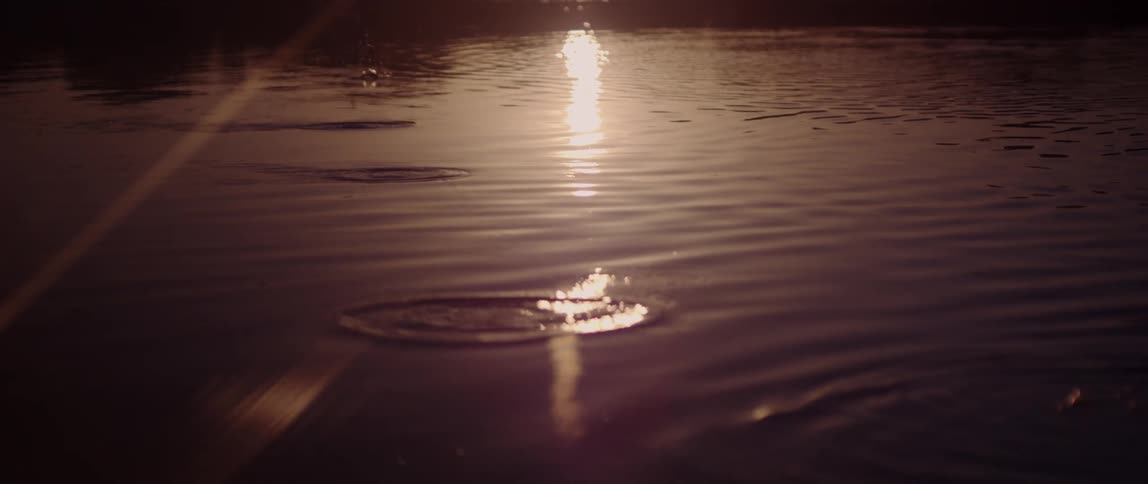 View of a stone being thrown into a lake with the sunset sun reflecting on the water